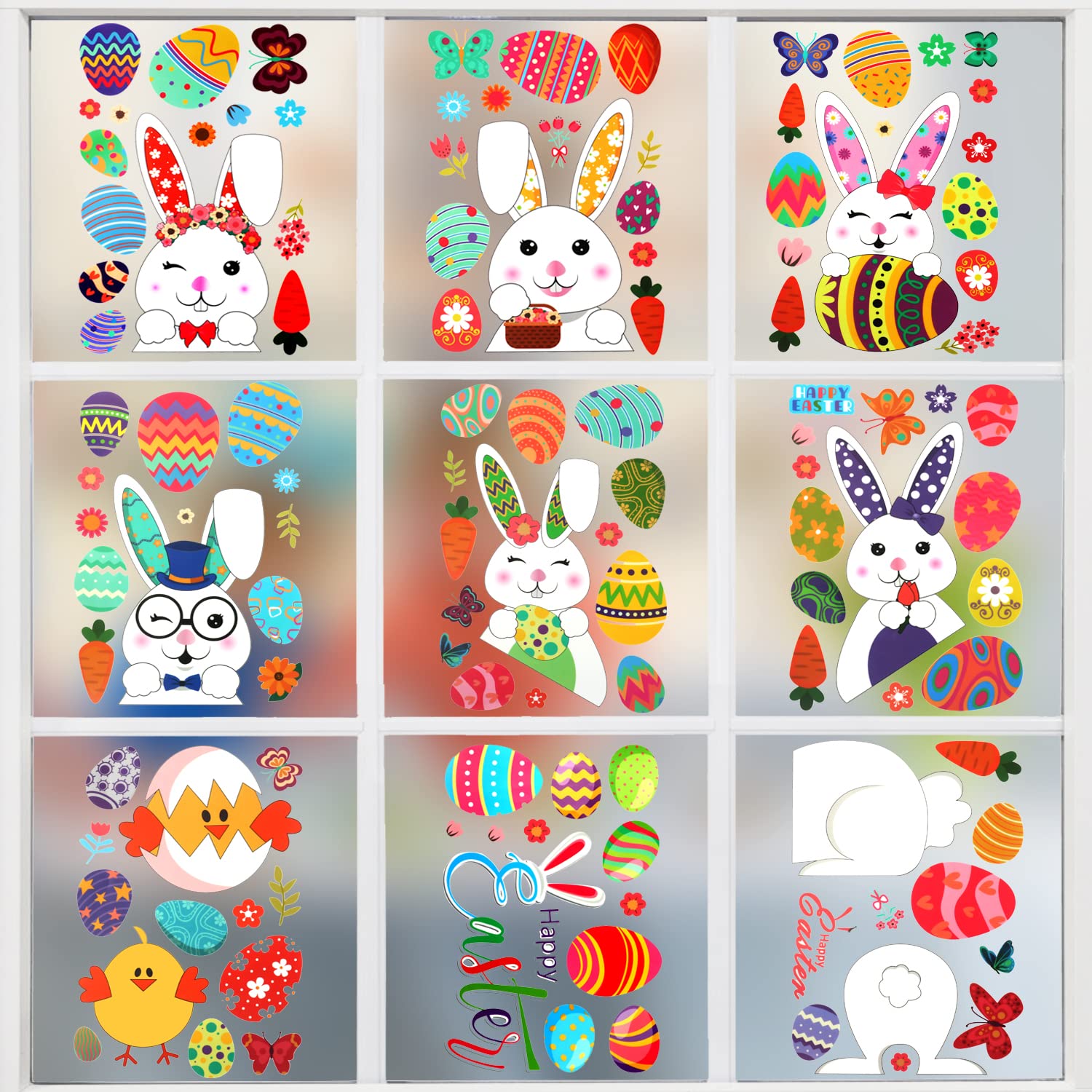 TRIXES 9PCS Easter Bunny and Easter Egg Window Stickers – Sticker Decorations for the Home, Office, Kitchen, Party and More – Place on Glass – Rabbit, Carrot, Butterfly, Easter Eggs and Chicks Designs
