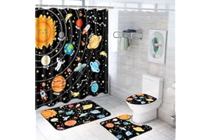 Alishomtll 4 Pcs Black Space Kids Shower Curtain Set with Memory Foam Bath Mat, Non-Slip Bathroom Rugs and Toilet Lid Cover, Waterproof Astronaut Shower Curtain with Rugs, Bathroom Sets Decor