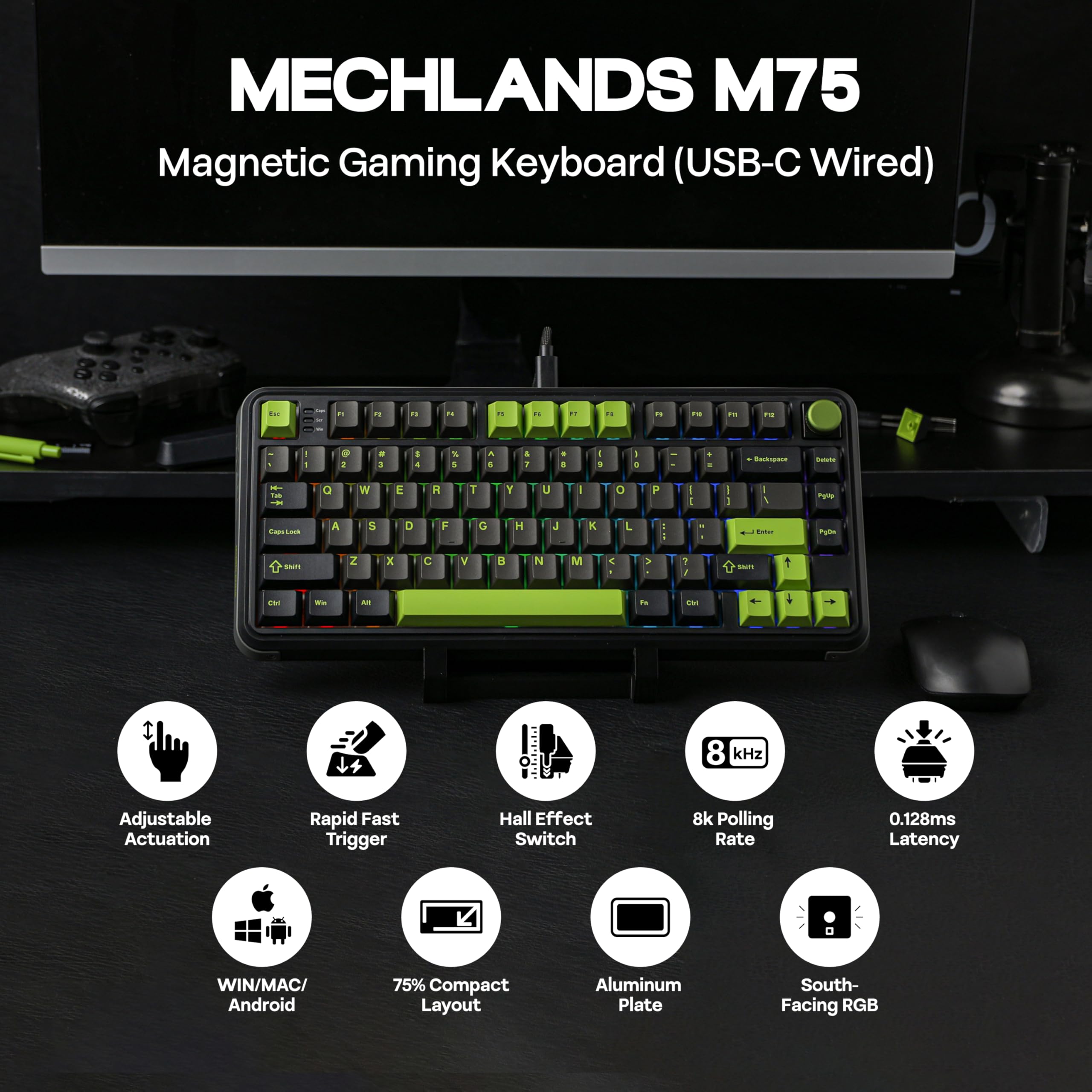 M75 Wired Hall Effect Gaming Keyboard with 8K Polling Rate, 0.128ms Latency, 75% Rapid Fast Keyboard with DKS/MT/TGL/SOCD, Hot-Swappable Magnetic Switch, Knob, RGB Backlits, NKRO