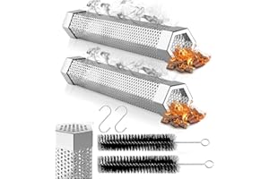 ALSISK Hexagon Pellet Smoker Tube,12 inch Stainless Steel BBQ Wood Pellet Tube for Cold Smoker,5 Hours of Billowing Smoke-for Any Grill or Smoker,with 2 S Shape Hooks+2 Cleaning Brush (2 pack tube).