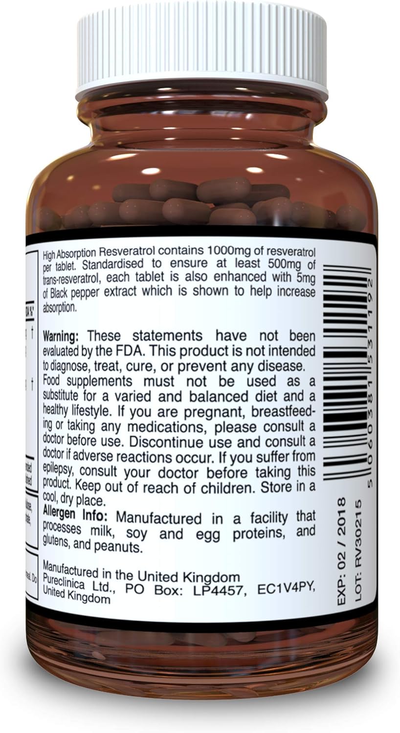 Pureclinica 1000mg Resveratrol x 360 Tablets - (4 Bottles of 90 Tablets) - 12 Months Supply, 90 count (Pack of 4) - Image 3
