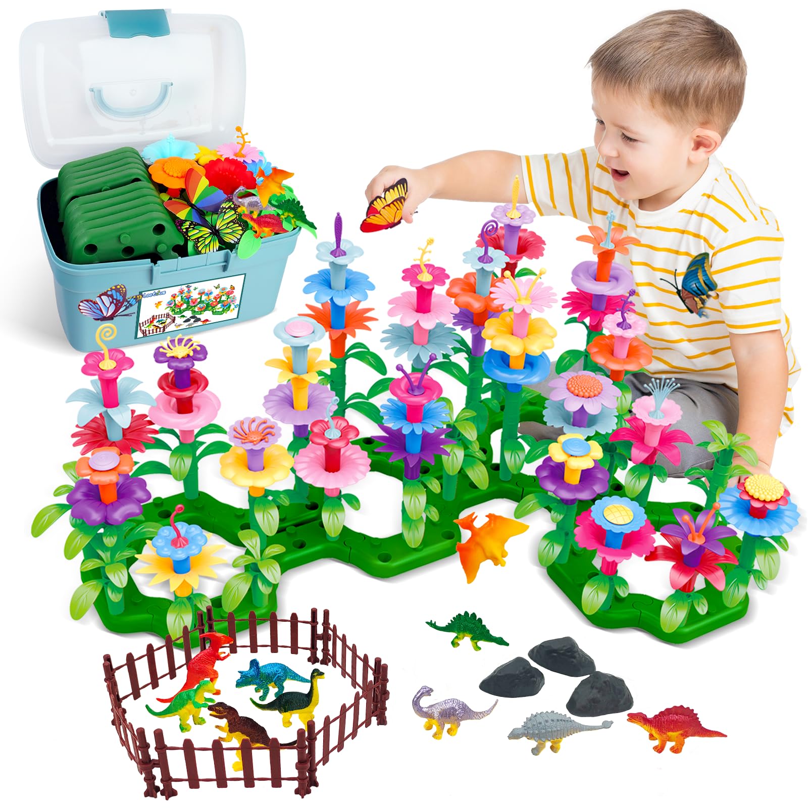 Toys Gifts for Toddlers Boys Girls Age 2 3 4 5 6, 167 PCS Dinosaur Flower Garden Building Blocks, STEM Fine Motor Skill Stacking Games, Easter First 1st Birthday Gifts for Preschool Kids 2+ Years Old