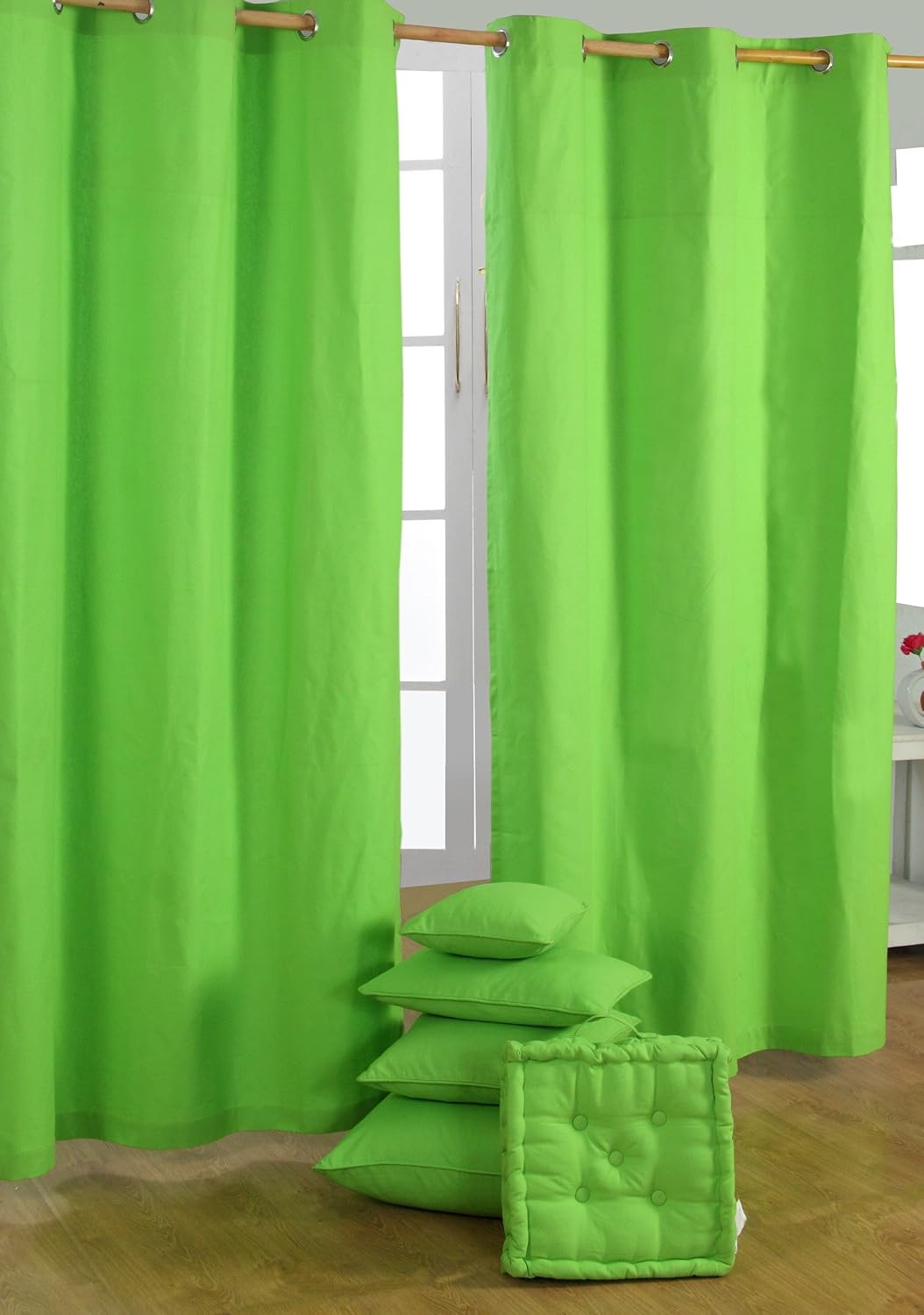 HOMESCAPES Green Eyelet Curtain Pair 117cm (46") Wide x 137cm (54") Drop Plain Heavy Unlined Curtains, W 46.1" x L 53.9" (2 Panels)