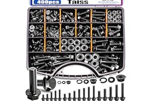Taiss 400PCS Metric Flange Bolt Assortment kit,M6x1.0 Bolt, M8x1.25 Bolt, M10x1.5 Bolt (12mm to 45mm) 10.9 Black zinc Plating