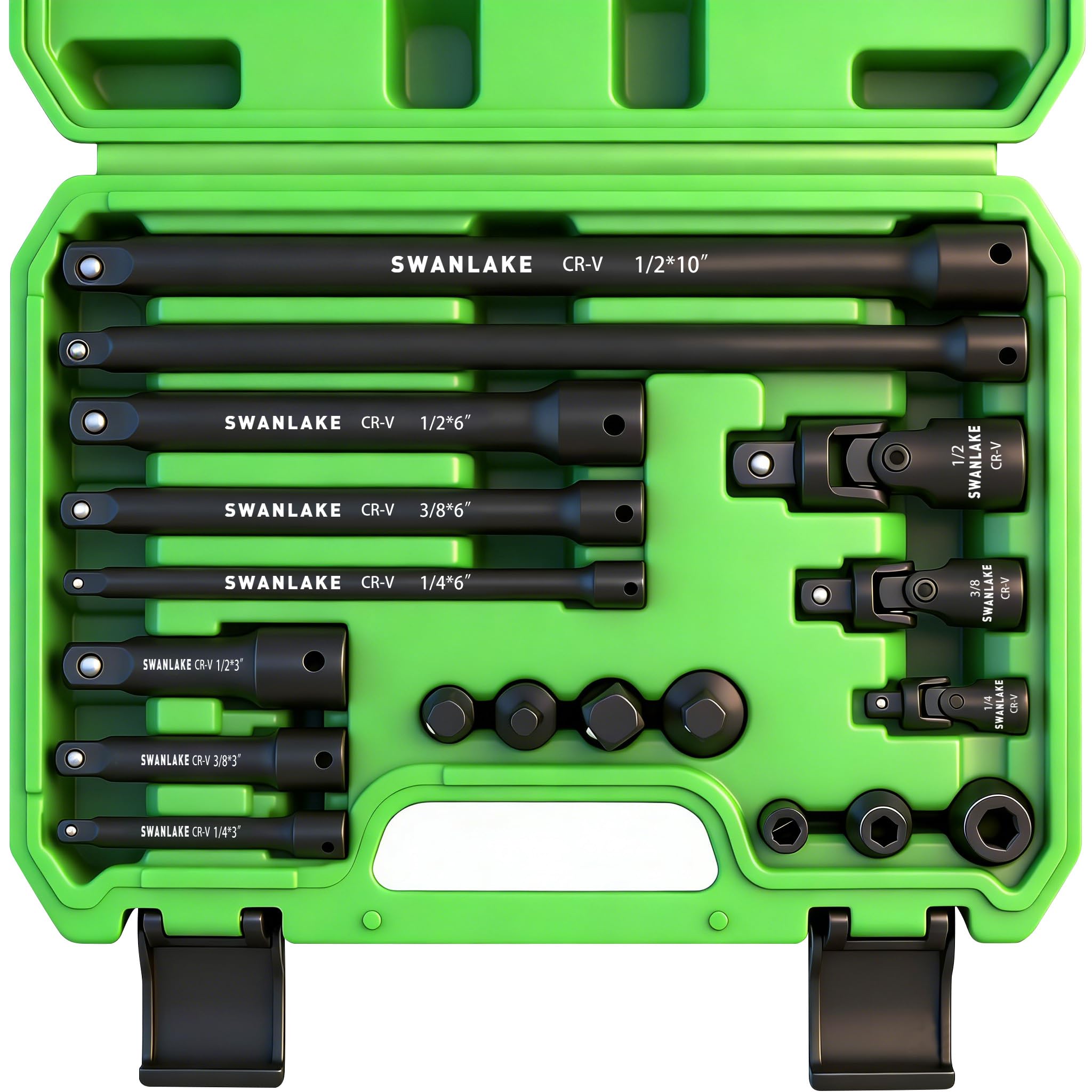 Photo 1 of 18-piece Impact Socket Extension Set Tools, Swivel Universal Joint, Deep 1/4", 3/8", 1/2" Drive Socket Adapter, Extension Bar, 3 Ratchet Coupler, CR-V Steel Alloy Corrosion-Resistant Mechanic Tools