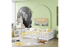 Mirightone Twin Size Floor Bed for Kids, Wood Montessori Floor Beds with Fence Railings, Door & Slats Support, Twin Playhouse Bed Frame for Boys Girls, No Box Spring Needed, White