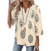 WIHOLL 3/4 Length Sleeve Womens Tops Boho V Neck Lace Shirt Trendy Blouses Dressy Casual Vacation Clothes S-3XL