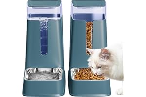 Meowyoyo Automatic Cat Feeder and Cat Water Dispenser Set with Stainless Steel Bowls Gravity Dog Feeder for Small Medium Big Dog Pets Puppy Kitten, 1 Gallon x 2 (Cyan)