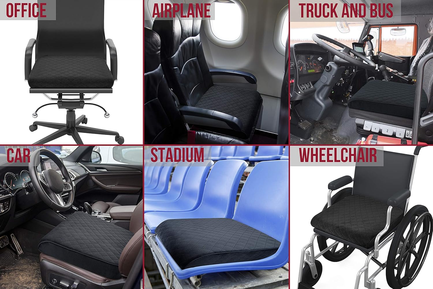 COMFORTANZA Large Seat Cushion - 19x17x3 Gel Infused Pure Memory Foam Chair Pad for Dining, Office Chairs, Wheelchairs, Recliners, Car Seats - Booster Cushion for Adults & Kids - Pain Relief - Black: Home & Kitchen