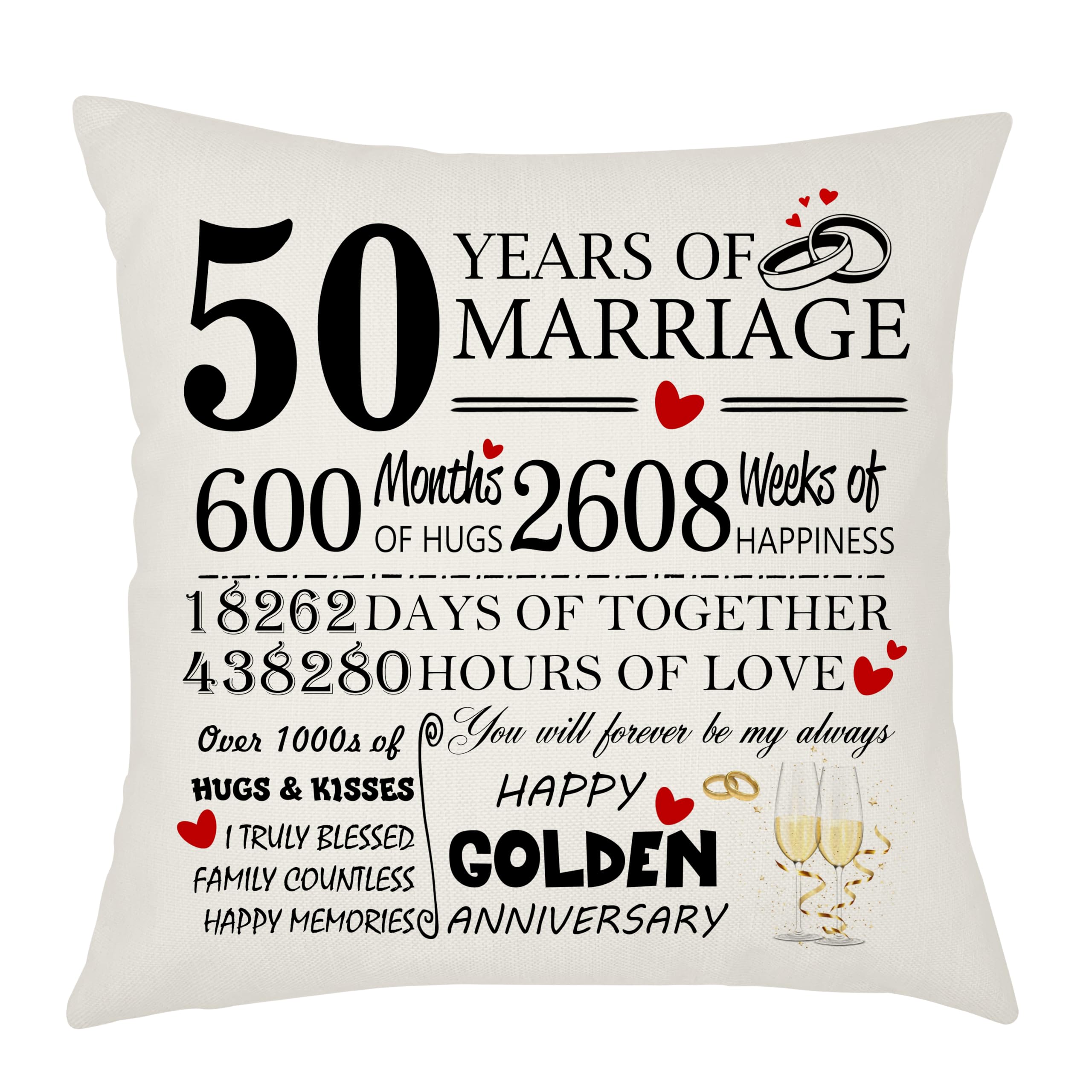 Weosan 50th Wedding Anniversary Golden Anniversary Cushion Cover - Gift for Wife or Husband - 50 Years of Marriage Keepsake Present - Elegant 45x45cm Pillow Case (50 Years of Marriage)