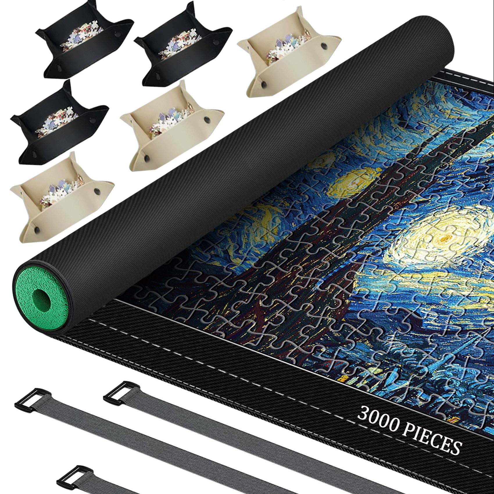 Jigsaw Puzzle Mat Roll Up, Portable Saver Pad 53.2” x 35” Up to 3000 Pieces, Puzzle Matt Rollup with Non-Slip Rubber Bottom & Smooth Top. (6 Sorting Trays & 1 Storage Bag)