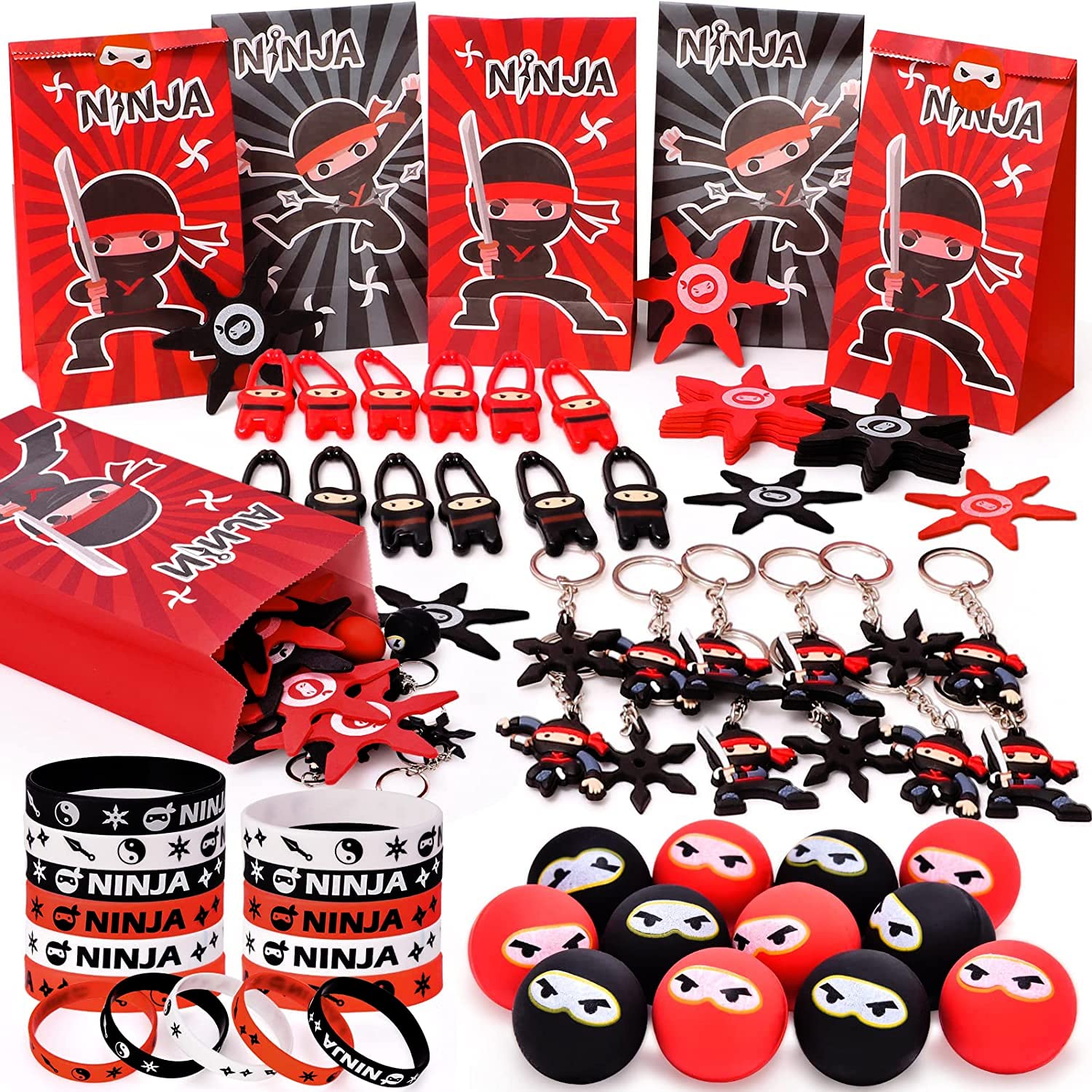 Tacobear Ninja Party Bag Fillers for Kids 72PCS With Ninja Silicone Bracelet Bouncy Balls Stretchy Flying Goodie Bags Keychain for Boys Kids' Party Favours Gifts for Boys Games Prizes