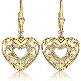 14K Gold Plated Sterling Silver Heart Earrings for Women - Drop Dangle Filigree Earrings for Women - Fashion Cute Jewelry Anniversary Birthday Christmas Gifts for Her