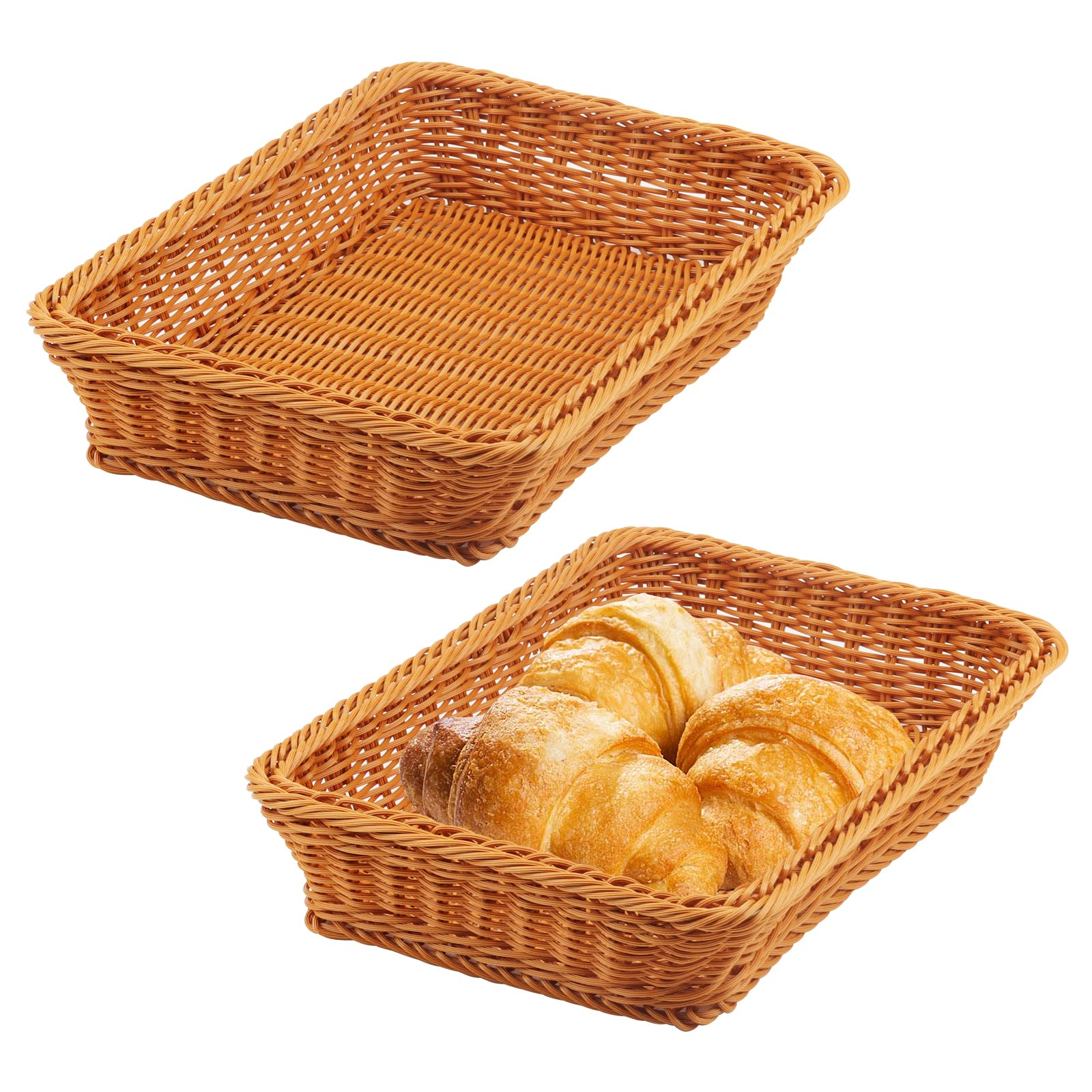 MANCHAP 2 PCS 35 x 25 x 7.5cm Rectangular Poly Wicker Basket, Imitation Rattan Fruit Basket Wicker, Woven Bread Serving Basket for Kitchen, Supermarkets