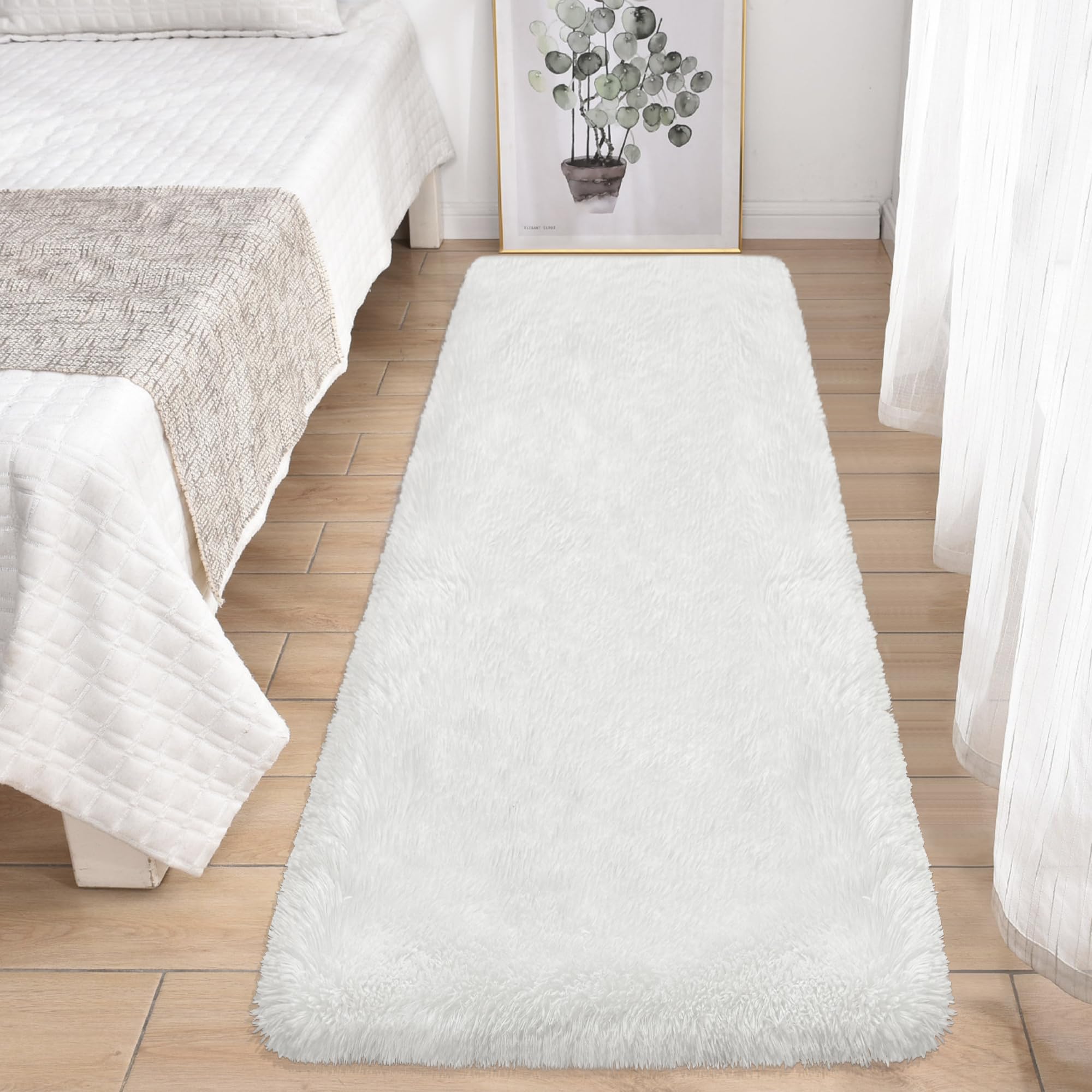 Photo 1 of White Runner Rug for Bedroom 2x6 Fluffy Shaggy Rug Soft Plush Fuzzy Area Rug Bedside Runners for Hallway Kids Teens Baby Nursery Living Room with Non Slip Modern Indoor Decor Carpet