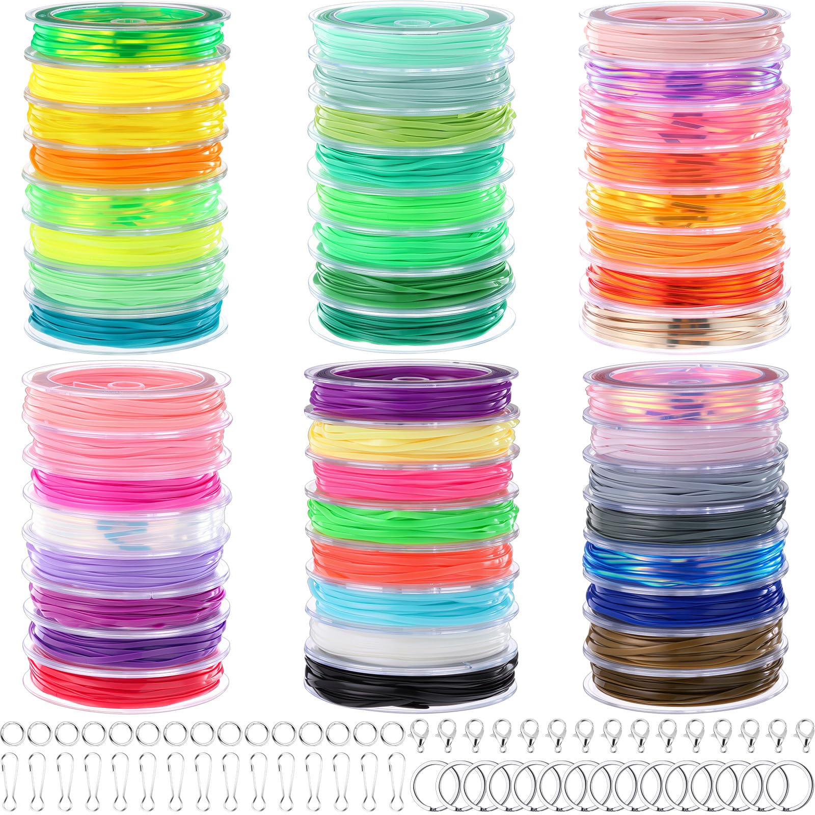 Photo 1 of Wesnoy Lanyard String Kit 48 Rolls Gimp Plastic Lanyard String for Bracelets Keychain DIY Crafts with Key Chain Rings, Snap Clips, Open Rings, Lobster Clips Gimp Bracelet Making Kit (5.5 Yards)