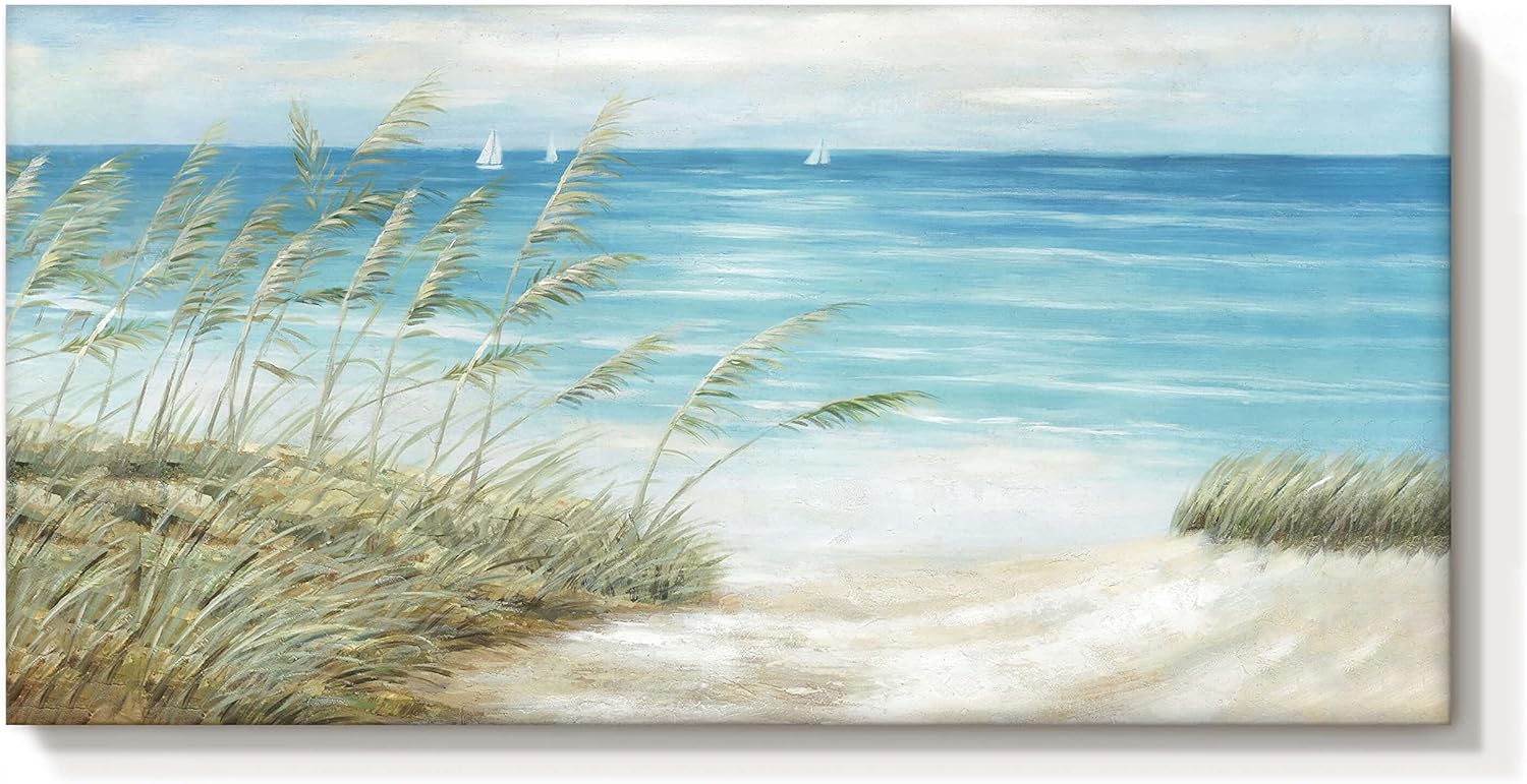 Paintings - Beach Sea Canvas Wall Art: Coastal Reed Hand Painting Abstract Blue Ocean Sailboat Nautical Picture Modern Seascape Grass Path Artwork Decor for Living Room Bathroom Bedroom