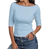 Meetrendi Women's Cute Summer Tops Boat Neck Half Sleeve Basic Tee Shirts Casual Fitted Spring Clothes