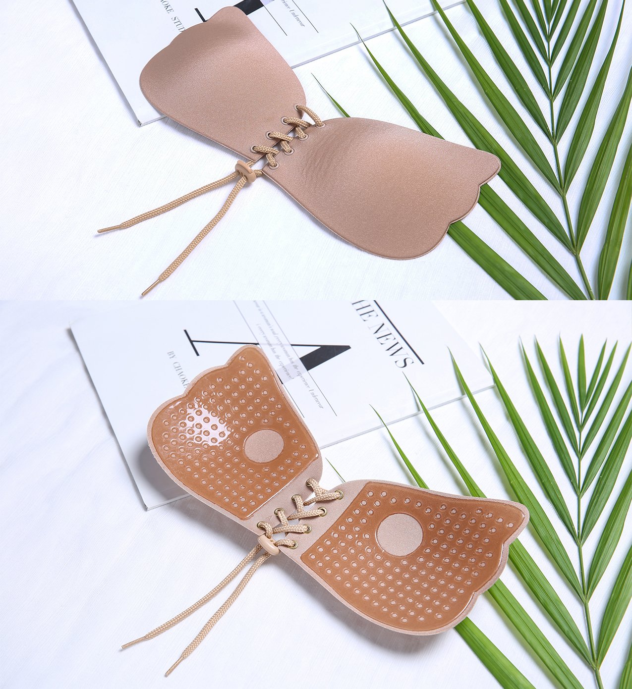 HouNa Self Adhesive Bra,Backless Strapless Invisible Lift Push-up Bra with Drawstring for Woman(2 Pack Black and Beige)