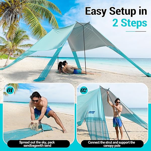 LARGE PORTABLE BEACH SHADE- 15X10FT, EASY SETUP, UPF50+ PROTECTION, ULTRA-STABLE, GULL-WING BEACH TENT