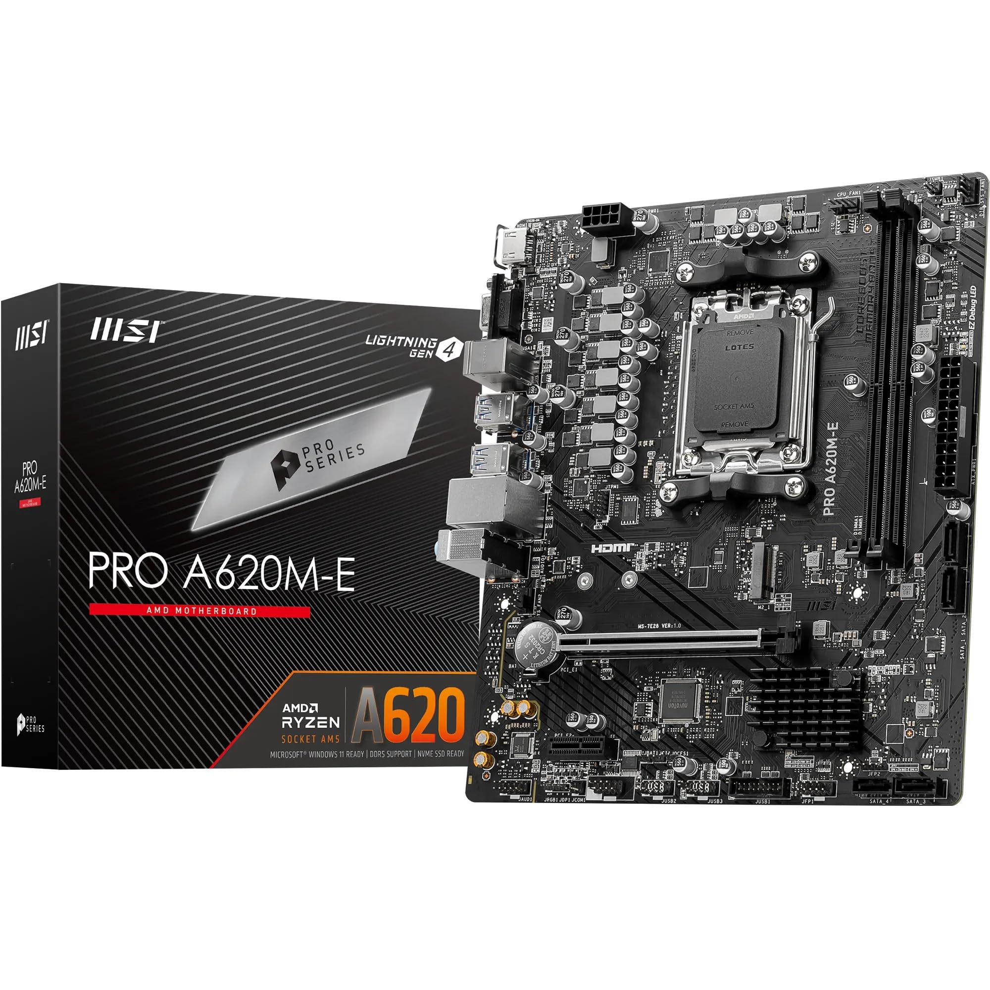 MSI PRO A620M-E Motherboard, Micro-ATX - Supports AMD Ryzen 9000/8000 / 7000 Series Processors, AM5 - DDR5 Memory Boost 6400+MHz/OC, 1 x PCIe 4.0 x16, 1 x M.2 Gen4