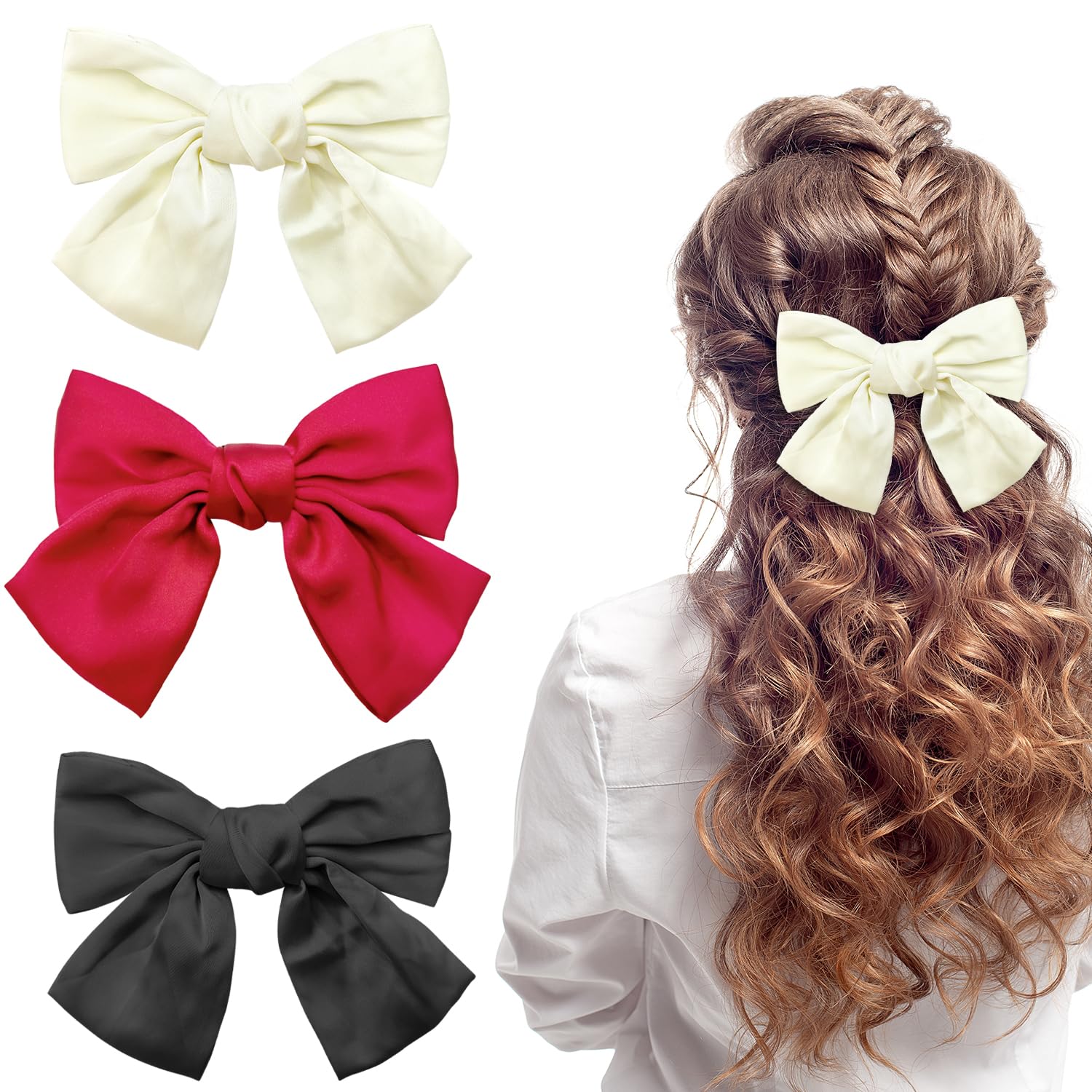 Bow Hair Clip, Hair Bows for Women Big Bowknot Hairpin French Hair Clips with Long Ribbon Solid Color Barrette Clips for Women Girls(black+pure white+red)