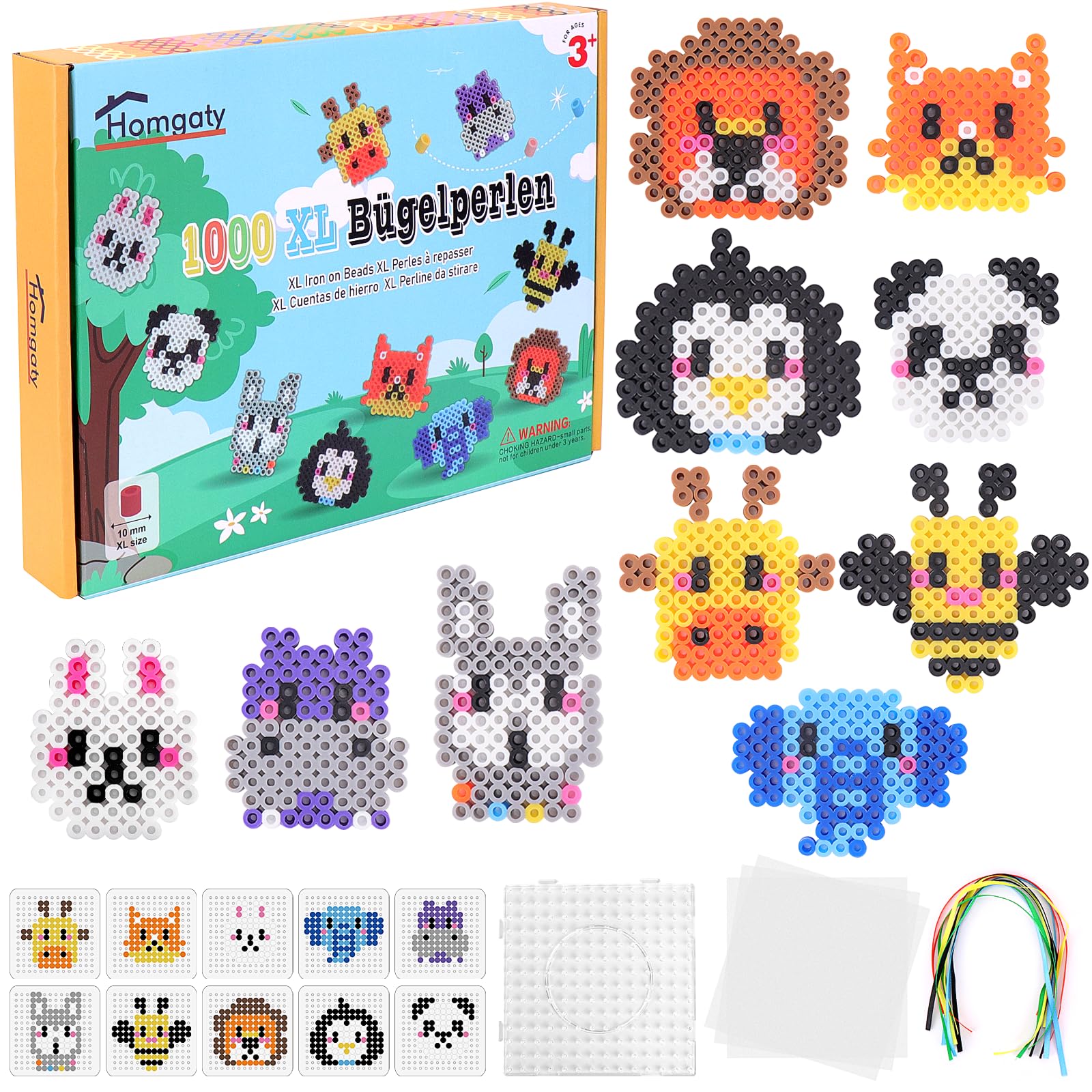 Homgaty Large Iron-on Beads 10mm 10 Pastel XL Colors Creative Pearl Set for Kids Ages 3+ (Animal Faces)