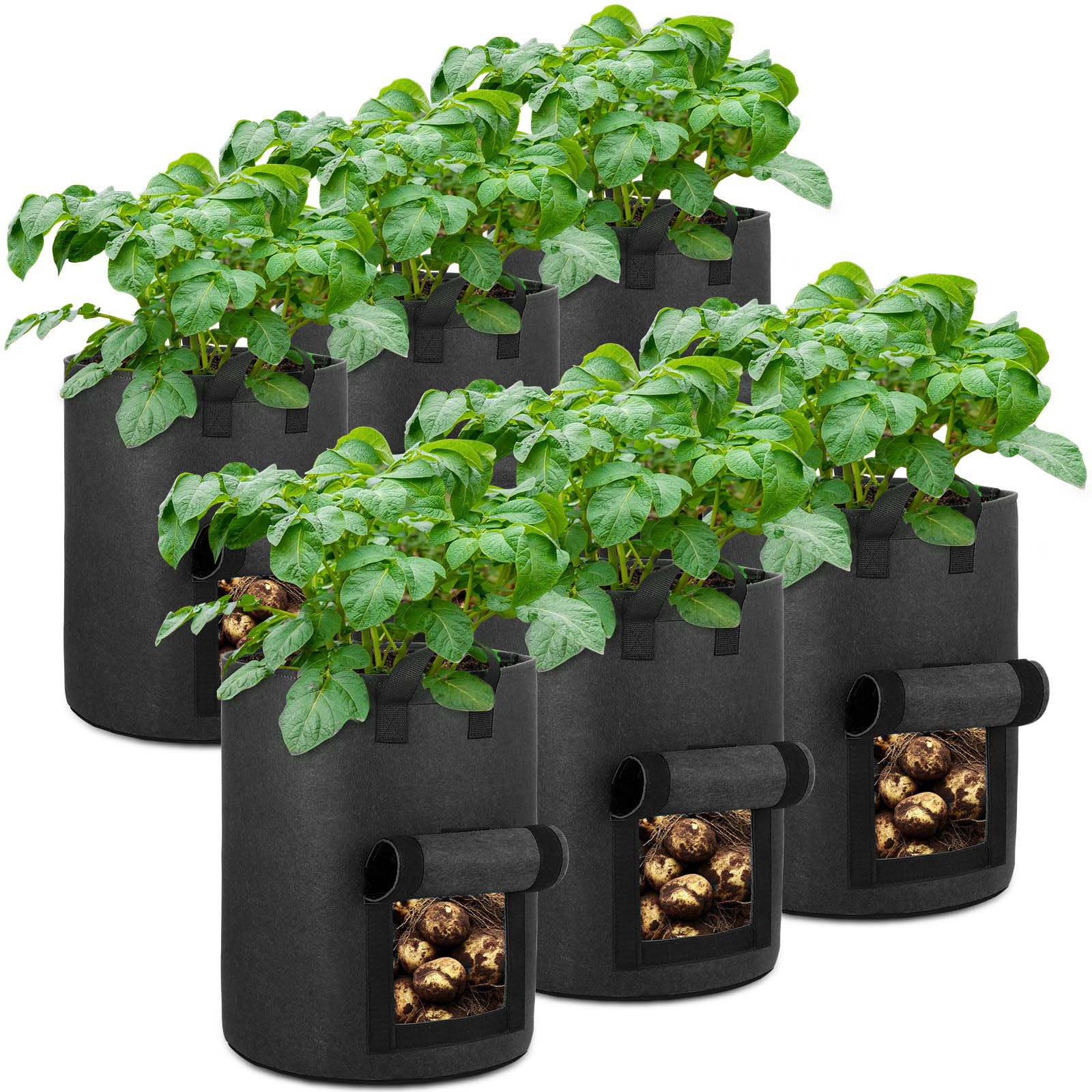 OPPOLIFE 6-Pack 10 Gallon Potato Grow Bags with Flap Window, Heavy Duty Aeration Fabric Pots with Handles for Garden and Planting(Black)