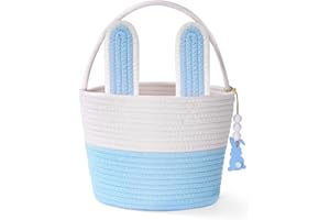 Easter Baskets, Blue Large Personalized Bunny Easter Basket Empty with Handle, Basket Tags, Woven Rope Egg Easter Baskets for