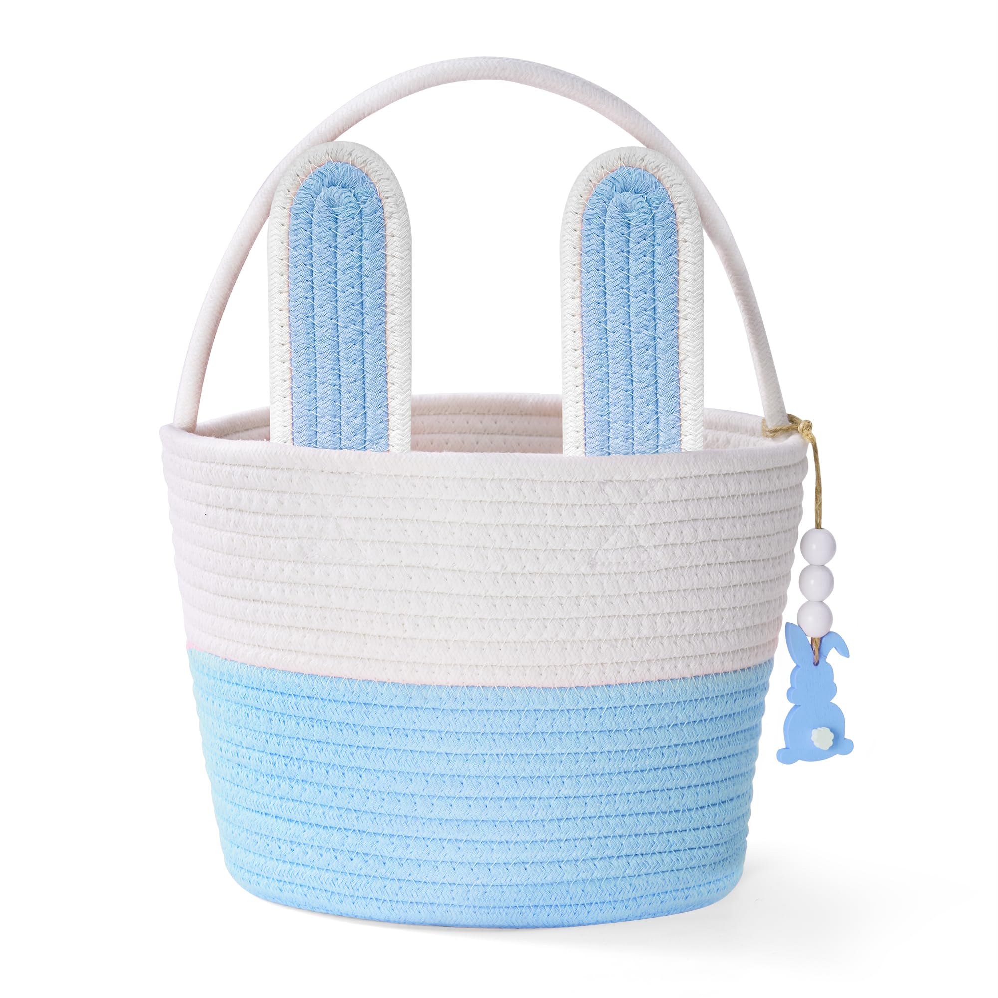 Easter Baskets, Blue Large Personalized Bunny Easter Basket Empty with Handle, Basket Tags, Woven Rope Egg Easter Baskets for Boys Girls, Easter Basket Gifts for Boys, 9.8" x 7.9" x 7.9"