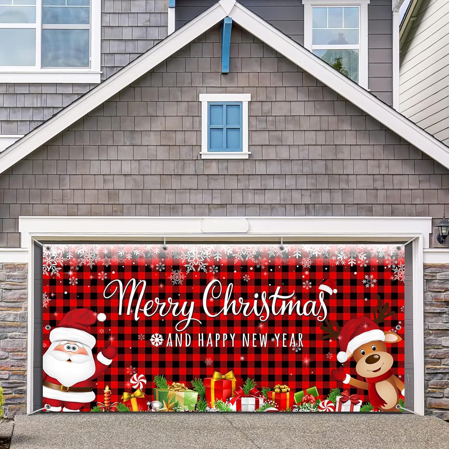 Garage Door Decorations - Christmas Garage Door Banner Cover 6 x 13 ft, Extra Large Fabric Santa Claus Reindeer Backdrop Photo Booth Background Yard Sign Xmas Holiday Winter New Year Party Supplies, Buffalo Plaid, Red & Black
