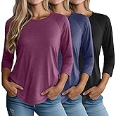 Ficerd 3 Pack 3/4 Sleeve Tops for Women Crew Neck Raglan Sleeve Basics Tees Loose Fit Casual Top Curved Hem Tunic T Shirt
