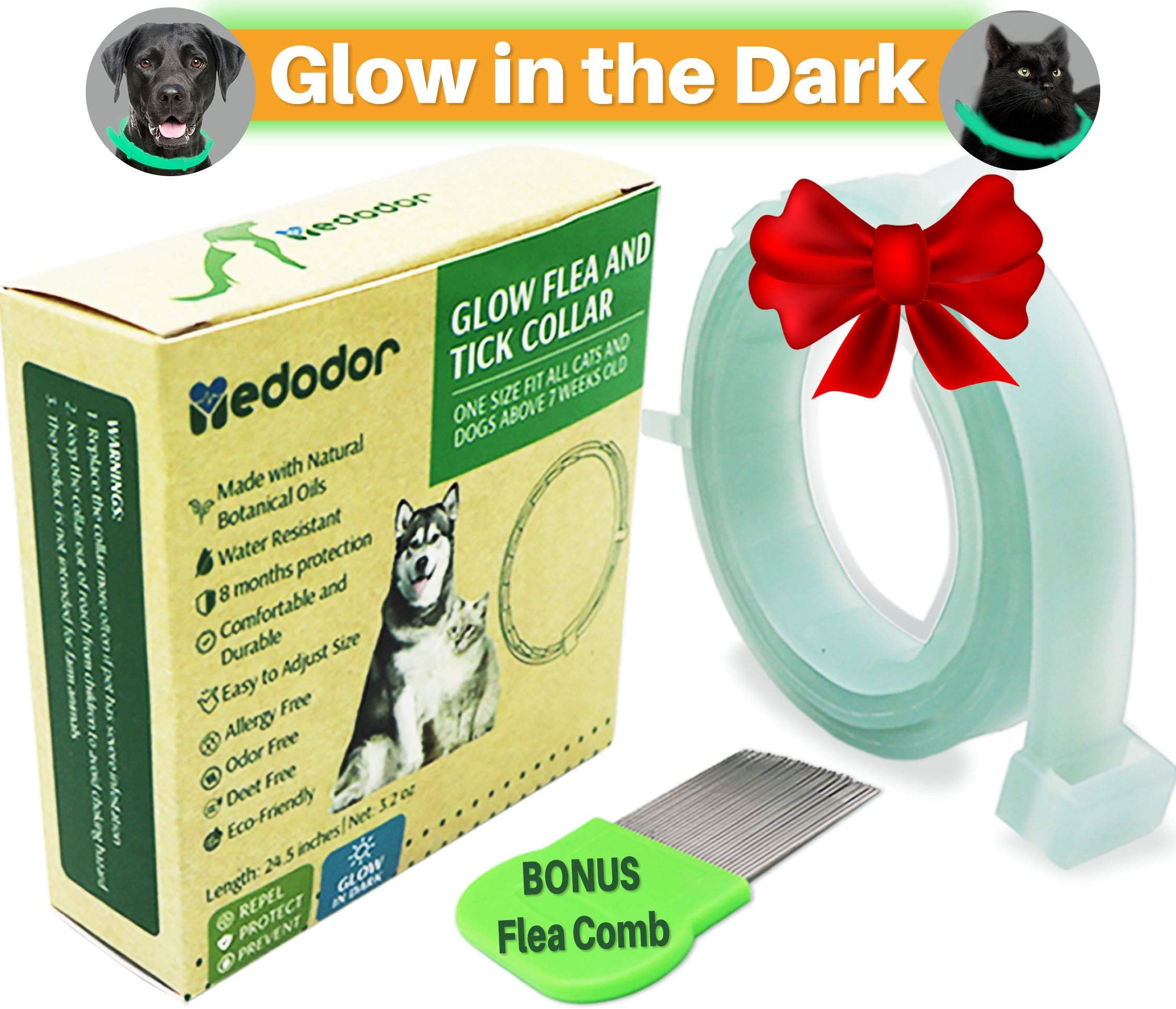 MEDODOR Flea and Tick Collar for Small and Large Dogs | 8-Month Tick and Flea Control for Dogs 100% Natural Ingredients | Glow in The Dark Waterproof & Long Lasting (1PK)