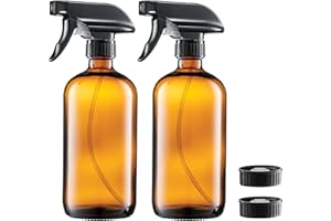 Paksh Novelty Glass Spray Bottles Amber 2 Pack 16 Oz Refillable Container with Durable Leakproof Trigger Sprayer with Mist/Stream/Lock for Hair, Cleaning Products, Essential Oils, Aromatherapy, Water