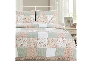 Cozy Line Home Fashions 100% Cotton Real Patchwork Floral Coral Pink Ruffled Shabby Chic Girly Reversible Quilt Bedding Set, Coverlet Bedspread (Sweet Roses, Queen - 3 Piece)