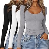 Riyiper 3 Pack Women's Long Sleeve T Shirts, Scoop Neck Under Scrub Layer Tee Basic Casual Shirts Tops