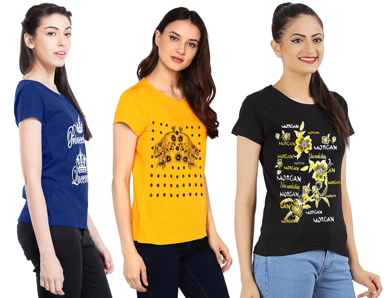 modish lady's printed 100% cotton t-shirts combo of 3 t-shirts