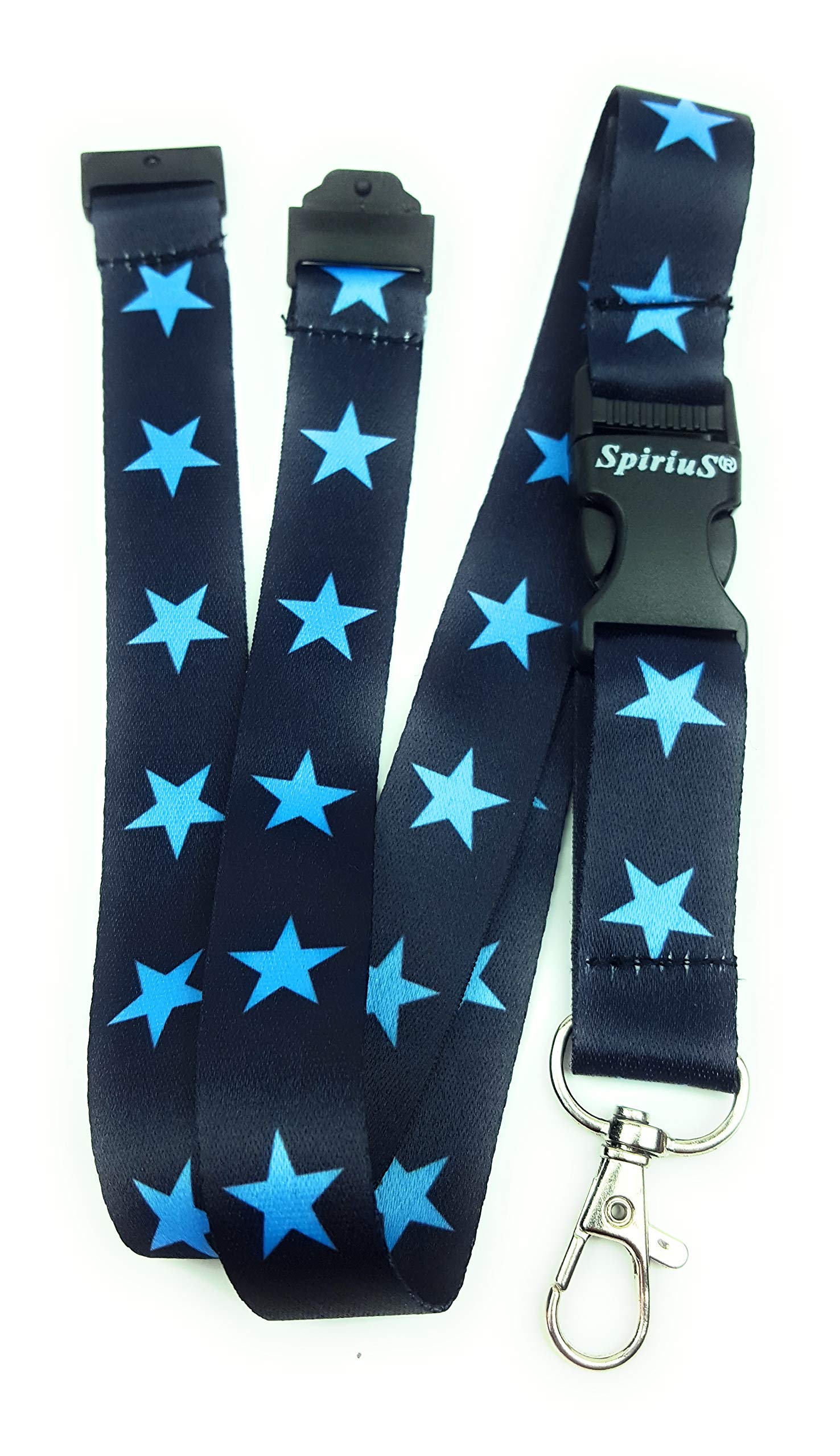Spirius Stars Breakaway Lanyard Neck Strap with safety release clip, detachable metal clip for Card Holder, ID Badge/Key Holder UK (Blue Stars)