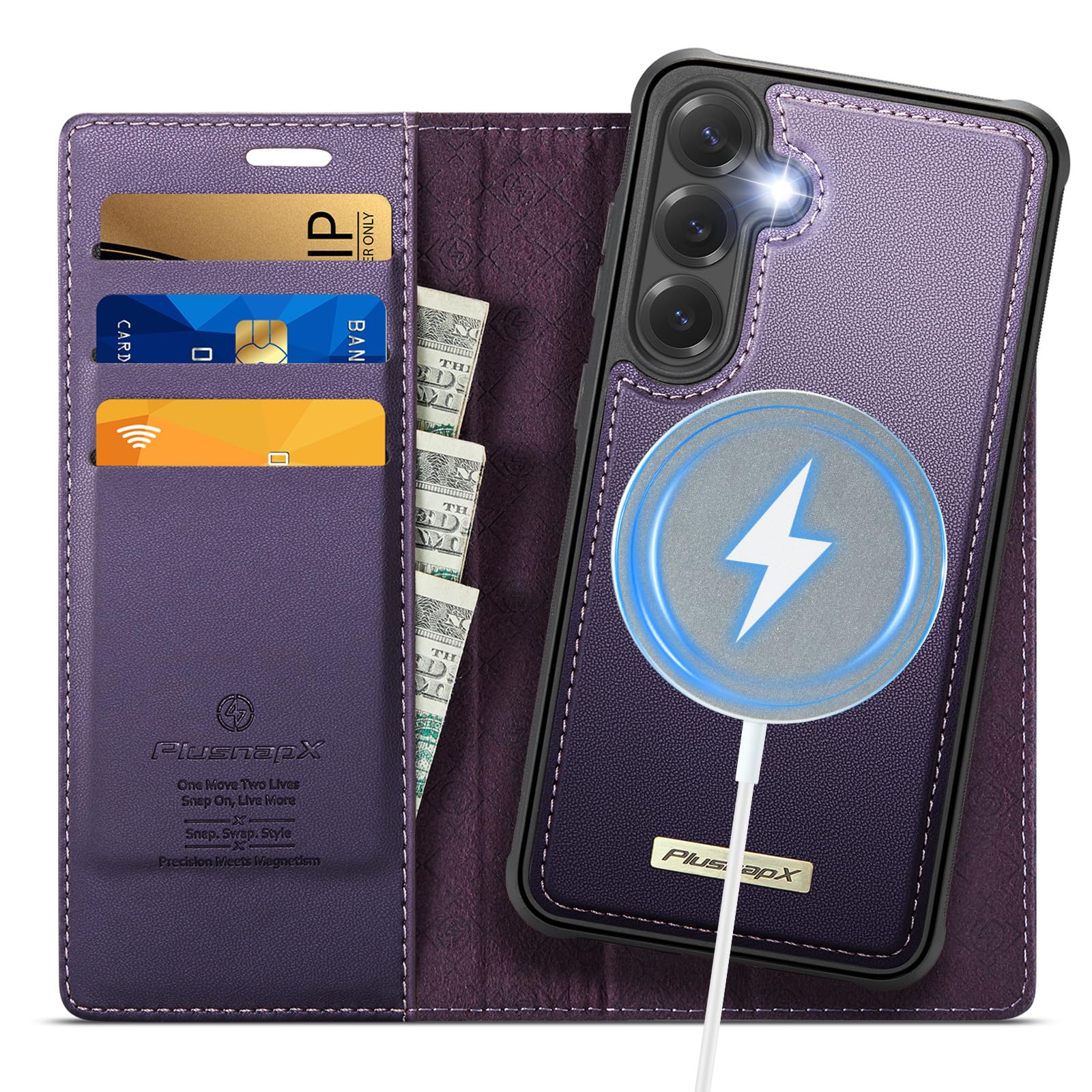 PlusnapX Wallet Case for Samsung Galaxy S24 Compatible with Magsafe, 2-in-1 PU Leather Flip RFID Blocking Card Holder Stand Shockproof Magnetic Detachable Cover for Galaxy S24 Case, Fashion Purple