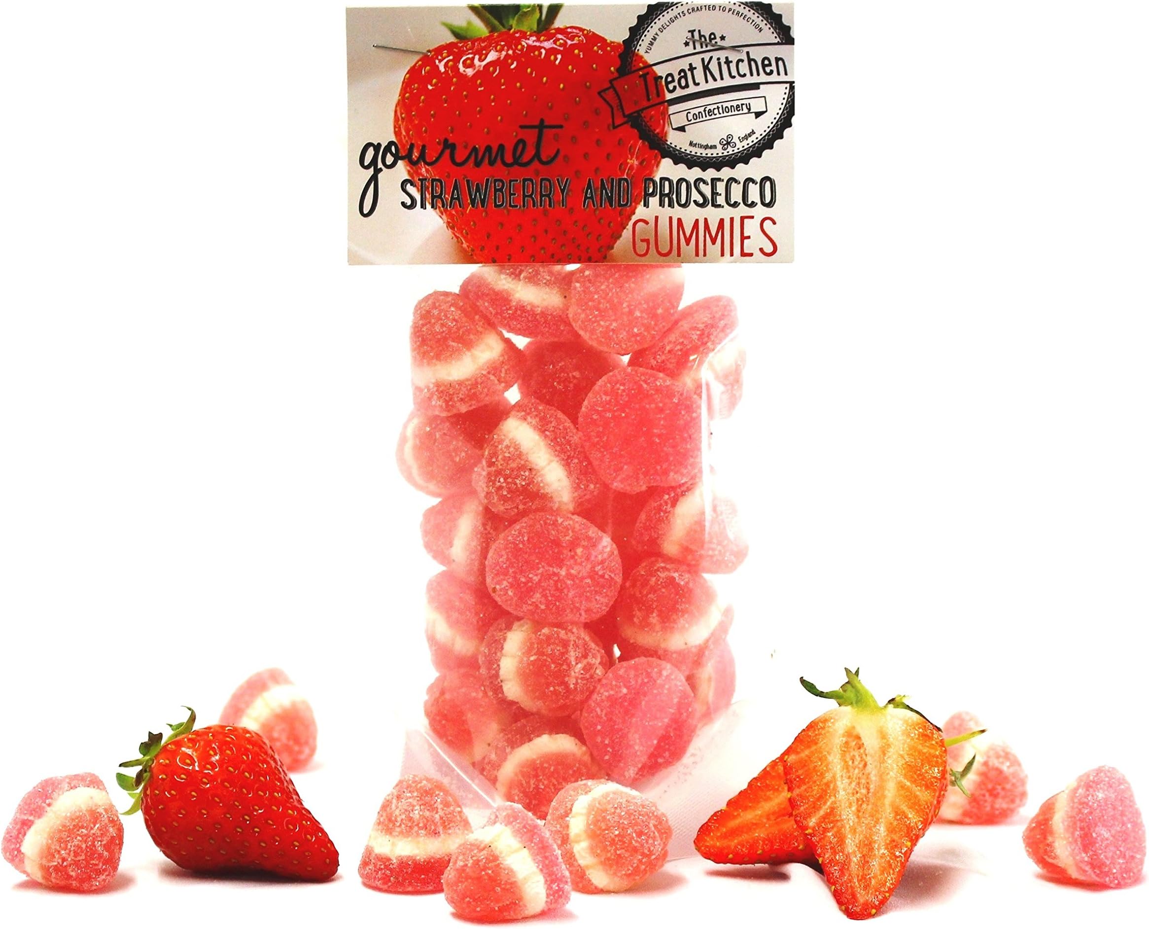 Strawberry & Prosecco Gummies - The Treat Kitchen Gourmet Jelly Sweets in Pouch 200g