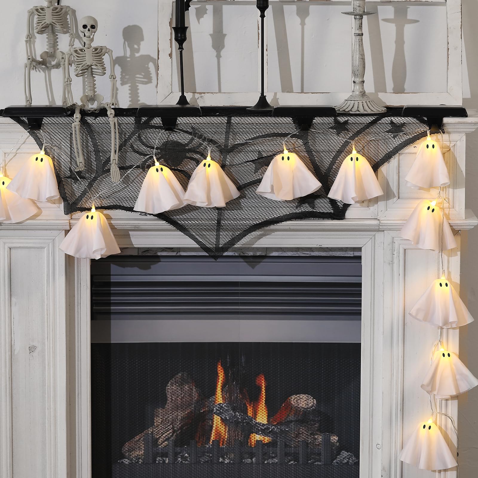 Photo 1 of Halloween Decoration-Light Up Ghost Garland-Handmade LED Ghost String Lights Banner for Home Party Fireplace Mantle Windows Decor