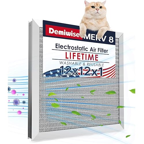 Demiwise 12x12x1 Electrostatic Air Filter, Reusable MERV 8 Aluminum AC/HVAC Furnace Filter, Washable Lifetime Permanent Air Filter, Easy to Clean,Increases Airflow(Actual Size:11.69x11.69x0.82)