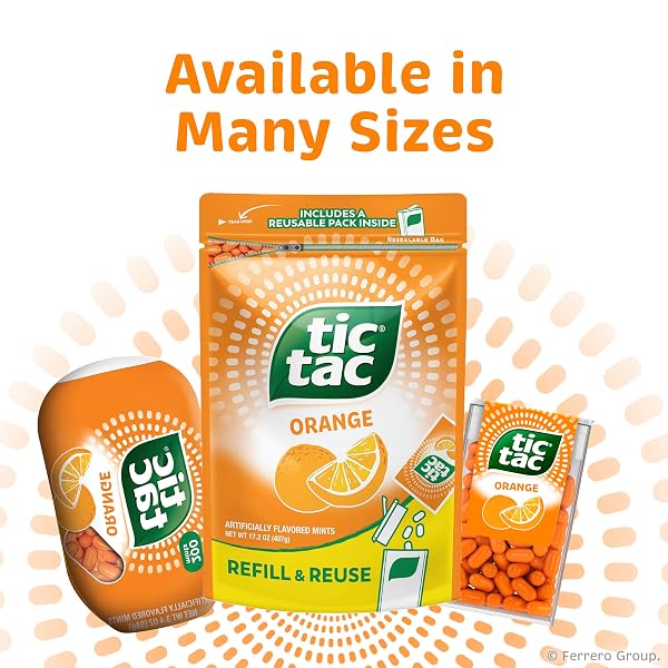 TIC TAC BULK ORANGE REFILL BAG, ON-THE-GO POCKET-SIZED MINTS, INCLUDES EMPTY REFILLABLE PACK, 17.2 OZ
