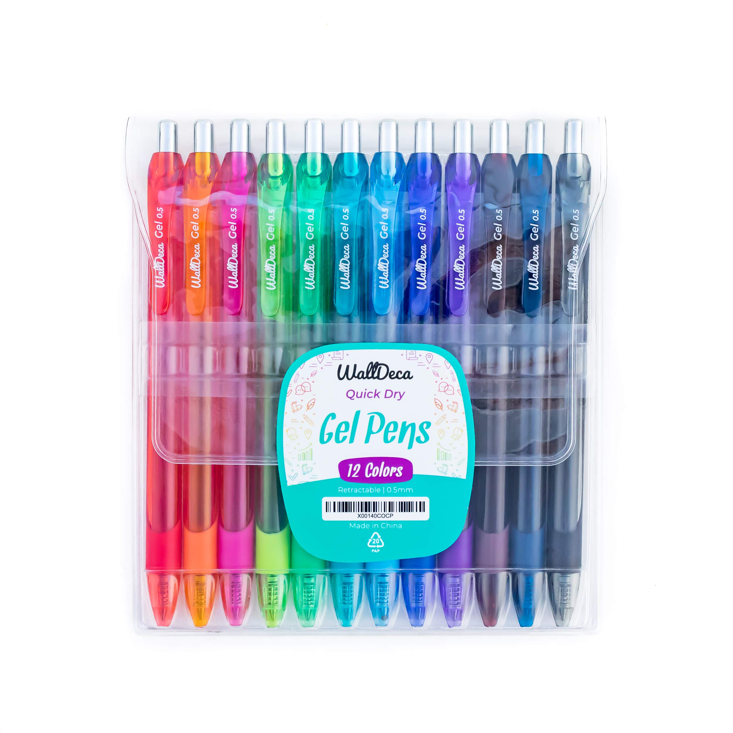 WallDeca Gel Pens | Fine Point (0.5mm), Assorted Rainbow Colors, 12 Count, Retractable | Made for Everyday Writing, Journals, Notes and Doodling