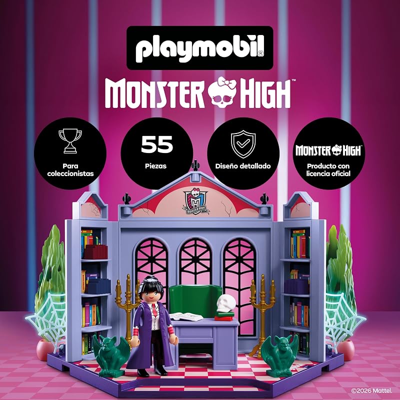 | Monster High™ | Despacho de Bloodgood | Set de Oficina con directora sin Cabeza, Escritorio, Reliquias y Telas de araña fosforescentes | para Fans a Partir de 5 años | 72143