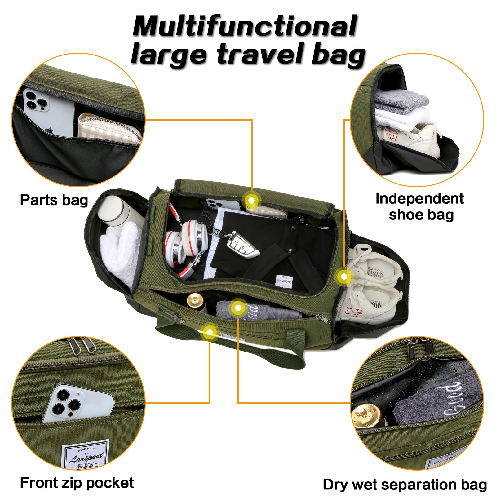 Laripwit Reisetasche Herren 40L Mittelgroß Sporttasche mit Schuhfach und Nassfach Weekender Travel Tasche Rucksack für Reisen Duffel für Damen, Armeegrün 4