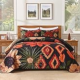 Andency Floral Boho Queen Quilt Bedding Set Black, 3 Pieces Farmhouse Flower Botanical Summer Bedspreads with 2 Shams, Soft Reversible Lightweight Microfiber Coverlet Set for All Season, 90"x96"