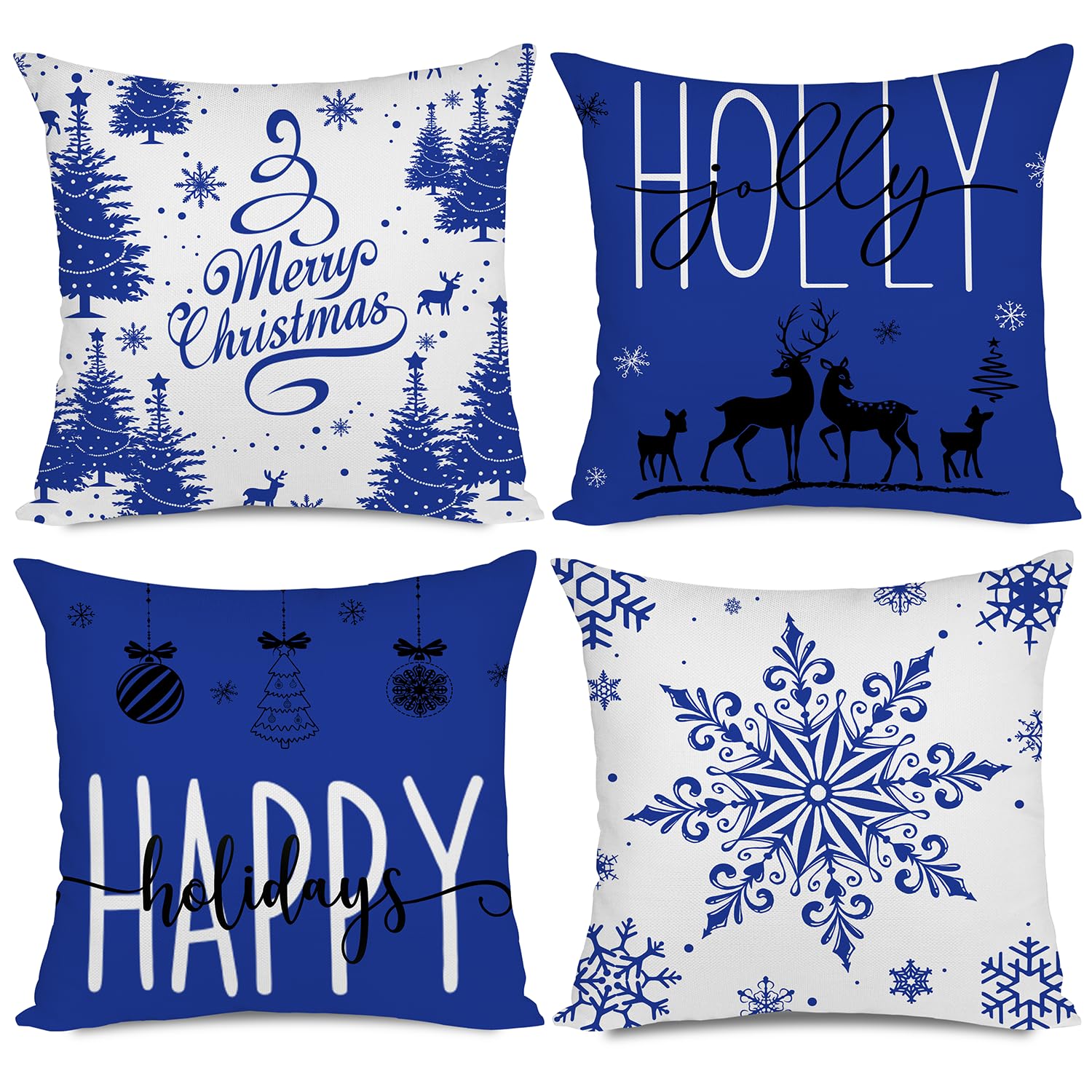 Miaikoe Blue Christmas Cushion Covers 55x55 Set of 4 Christmas Decorations Happy Holidays Holly Jolly Snowflake Merry Christmas Decor Throw Cushion Case for Home Couch Sofa Deco
