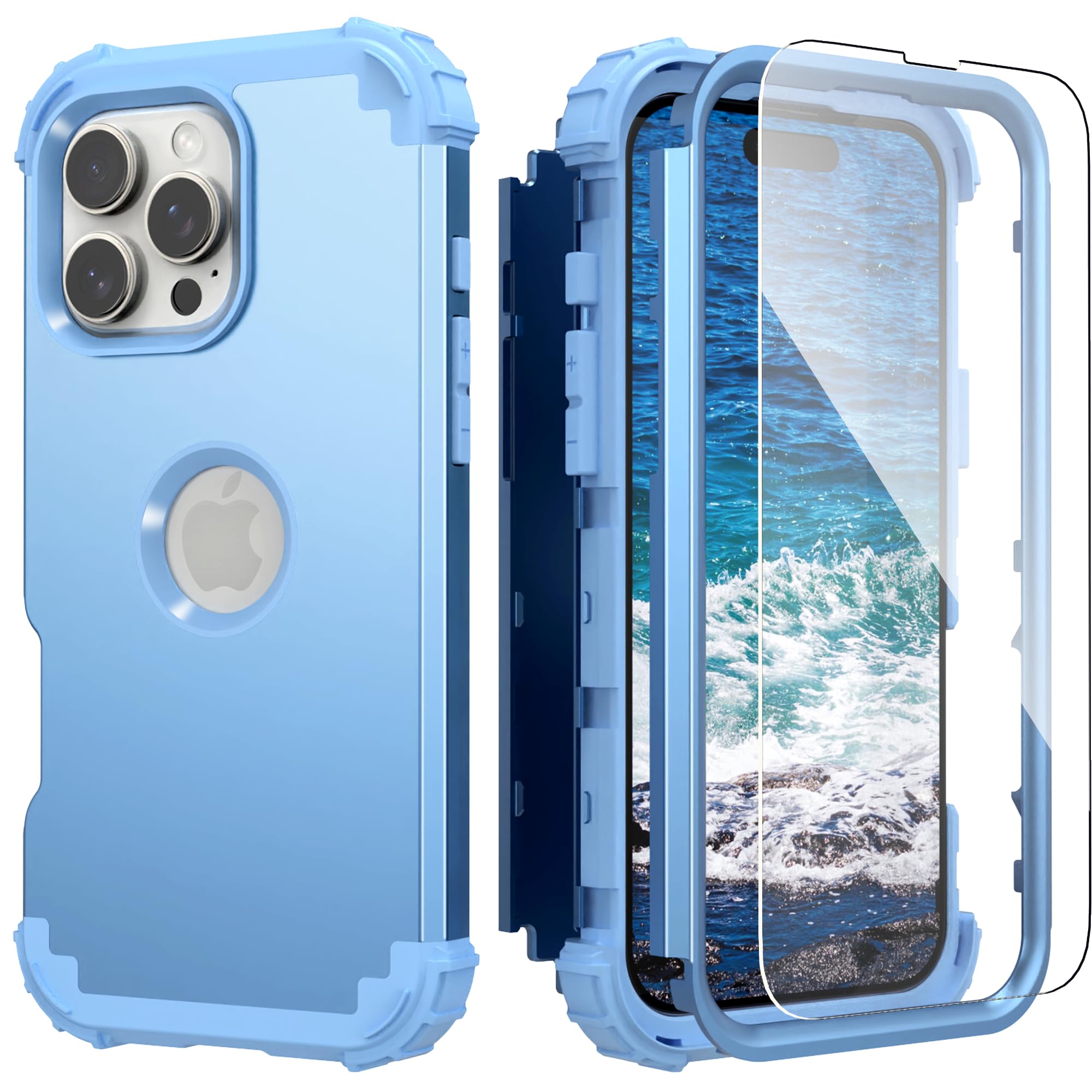 IDweel for iPhone 16 Pro Max Case with Screen Protector, 3 in 1 Shockproof Slim Fit Hybrid Heavy Duty Hard PC Cover Soft Silicone Bumper Full Body Anti-Fingerprint Case, Peace Blue