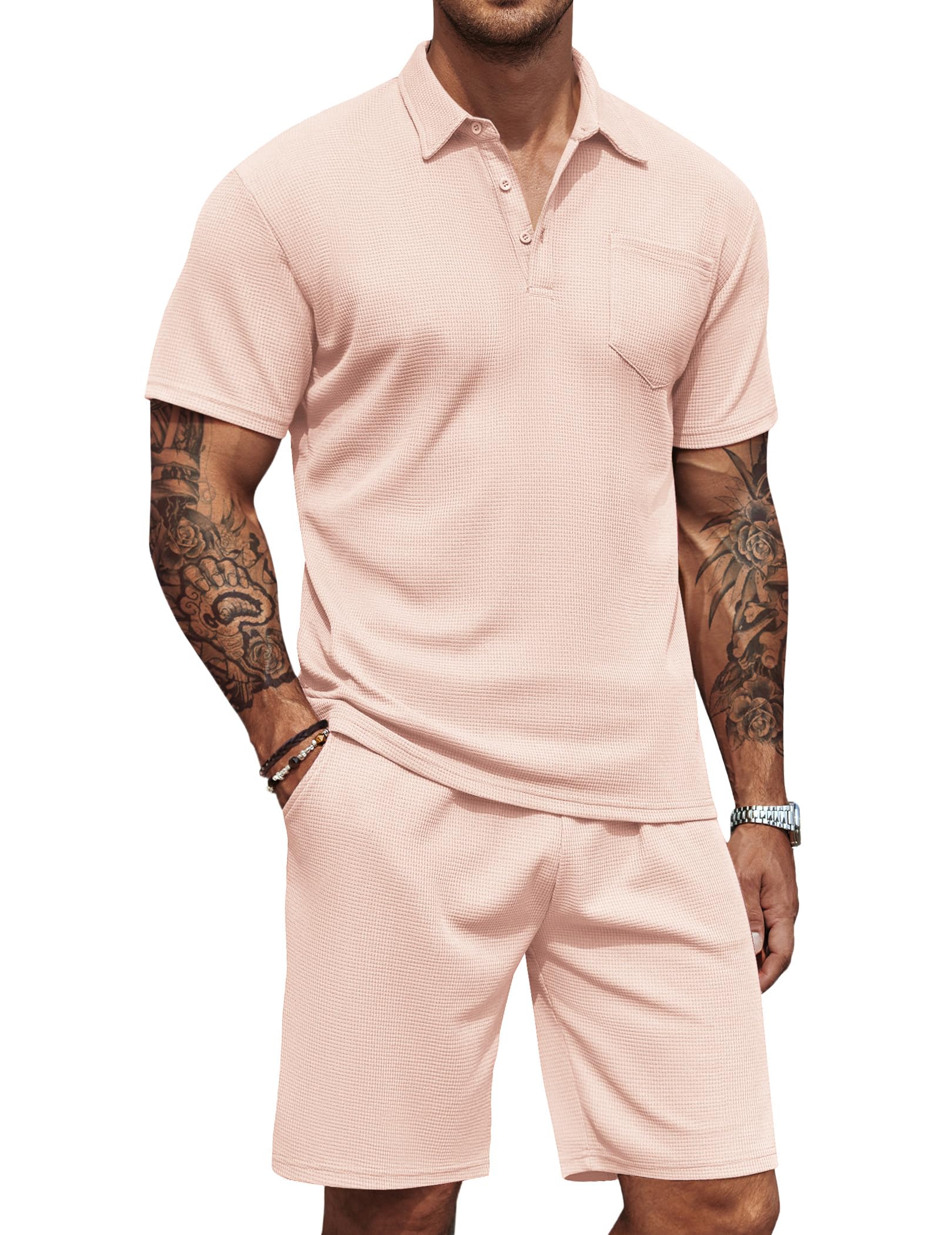 COOFANDY Men's Waffle Knit Polo Shirt and Shorts Set 2 Pieces Outfits Summer Suit Casual Tracksuit with Pockets Image